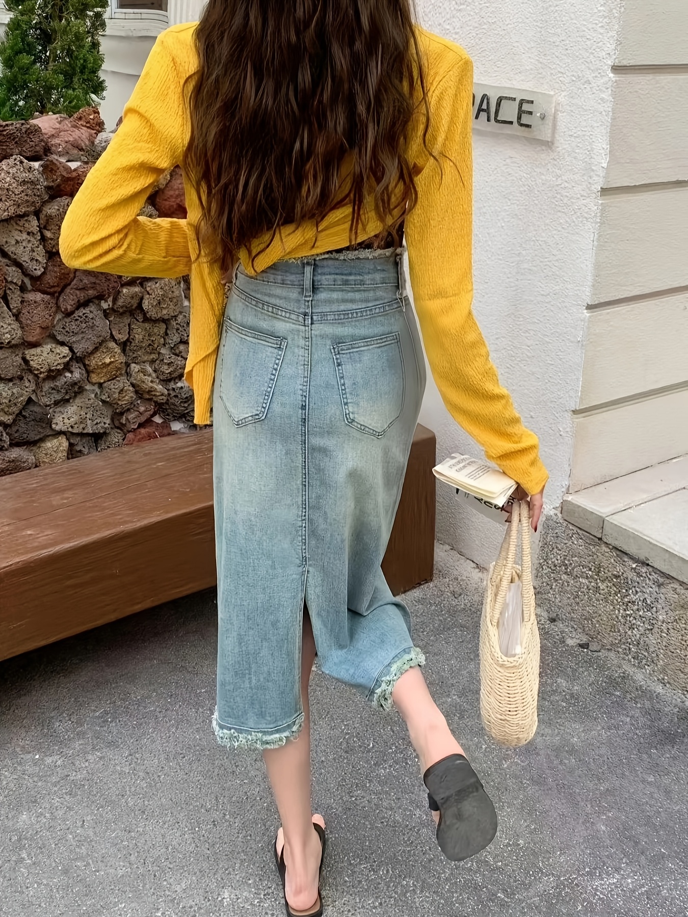 womens high waist split denim midi skirt frayed hem stretch Temu