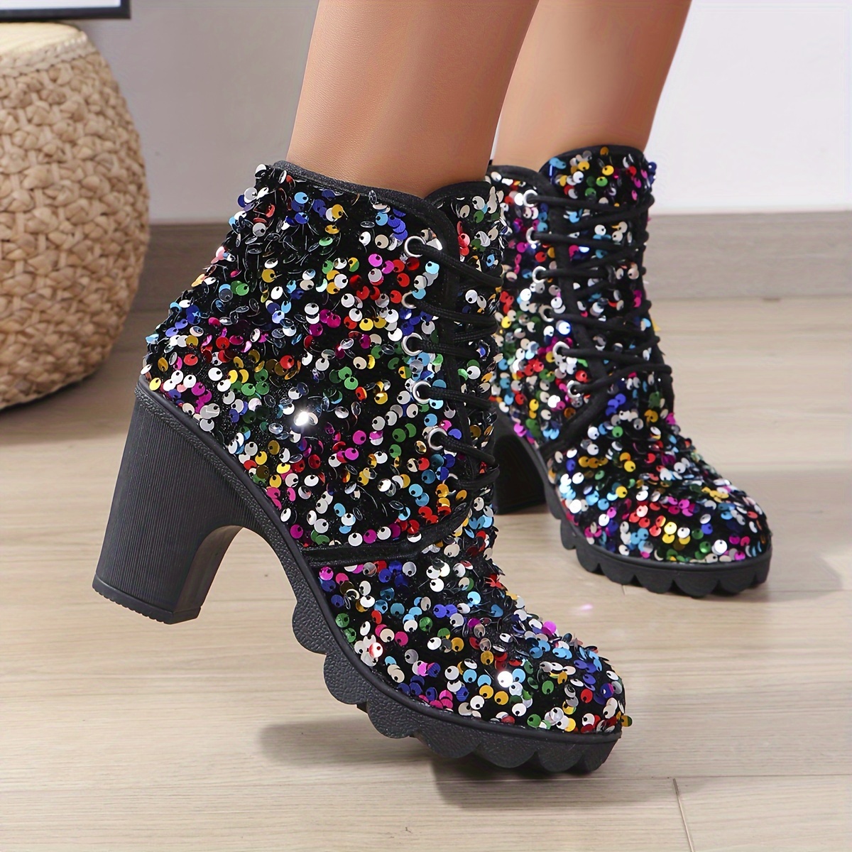 2024 Chunky Heel Lace-up Sequin Mid-calf Round-toe Women's Boots Ankle Boots, Women Shoes