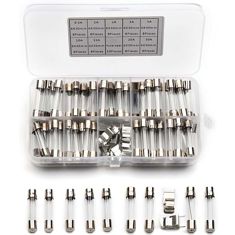 TEMU Kit d'assortiment de 82 fusibles automobiles à verre à coupure rapide, 6x30mm, fusibles de rechange pour voiture avec porte-fusibles, 0.5A 1A 2A