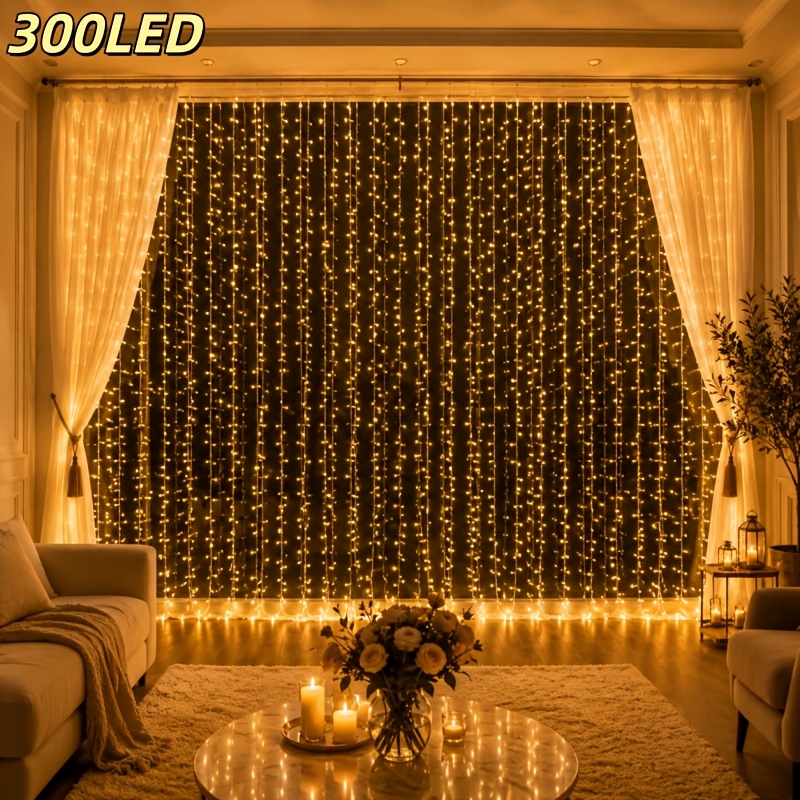TEMU 300 Led Battery Operated Curtain Lights, Warm White/cool White Waterfall Fairy String Lights With Button Control And 8 Lighting For Indoor