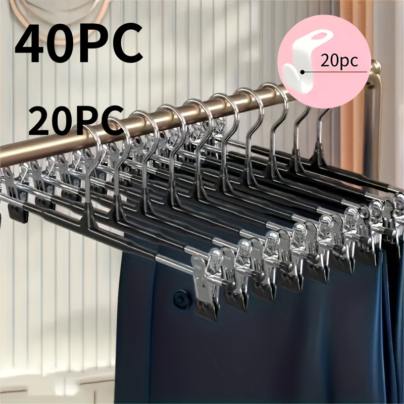 TEMU 40pcs Set 20pcs Heavy-duty Adjustable Metal Pant Hangers With Anti-slip Clips And 20pcs Hanger Hooks, Space-saving Pants And Skirt Hangers,