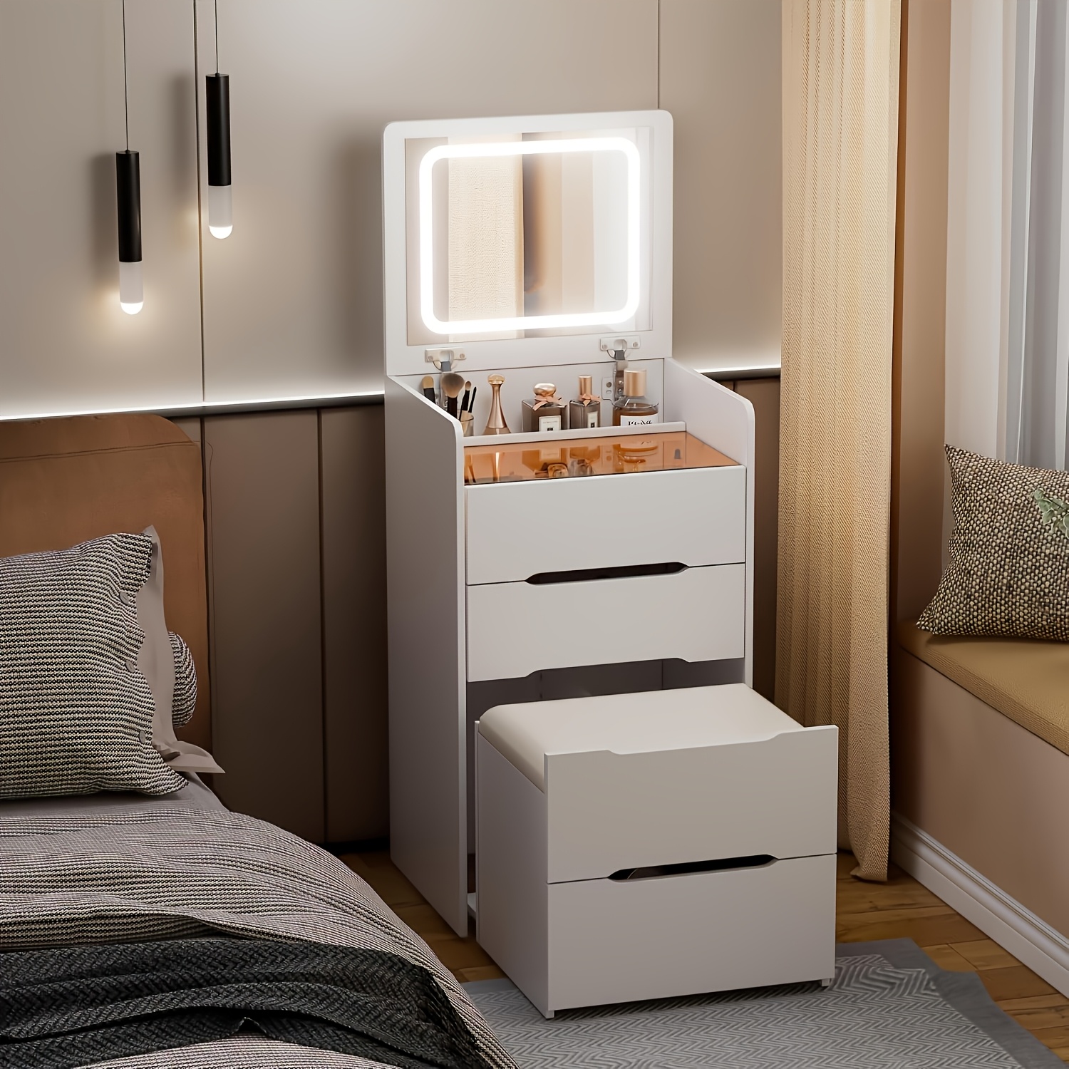 Image of White Dressing Table, Small Cosmetic Table Set, Dressing Table With Hinged Mirror, Glass Top, 3-drawer Dressing Table With Stool, Bedroom Furniture