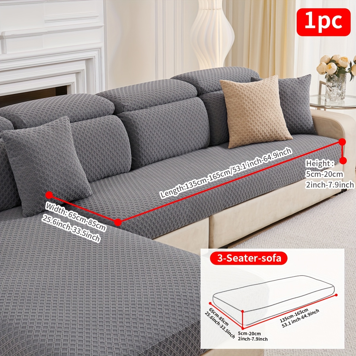 1pc Stretch Sofa Cover, Easy , Small Grid Pattern, Color, Dark Gray, Light Gray, Rice White, Color Optional, Grid Pattern Sofa Cover, Stretchable And