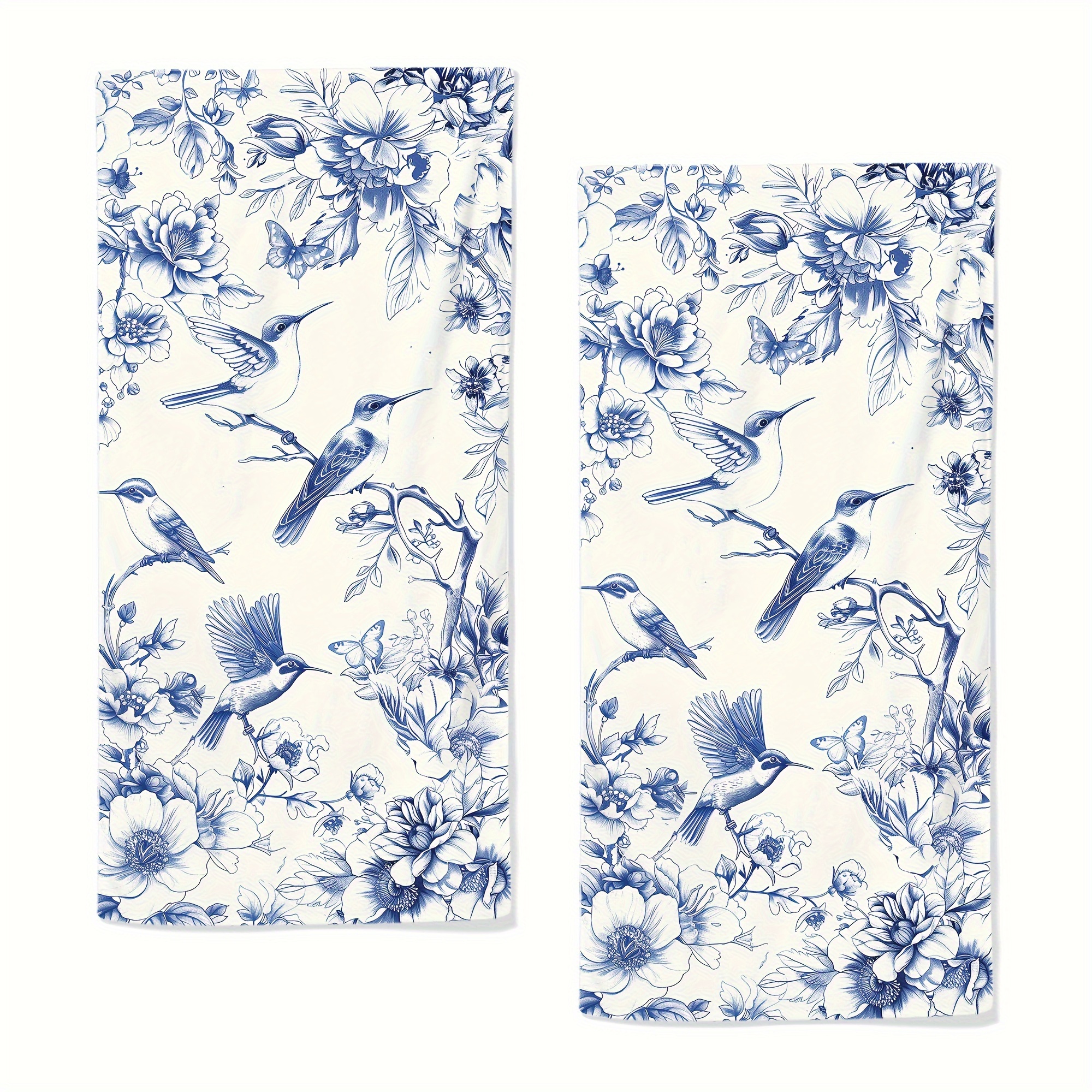 

Blue And White Hand Towels Set Of 2 - Floral Porcelain Hand Towel "x28.7" Hummingbird Towels Bathroom, Kitchen, And Spa For Home Decor Gift1