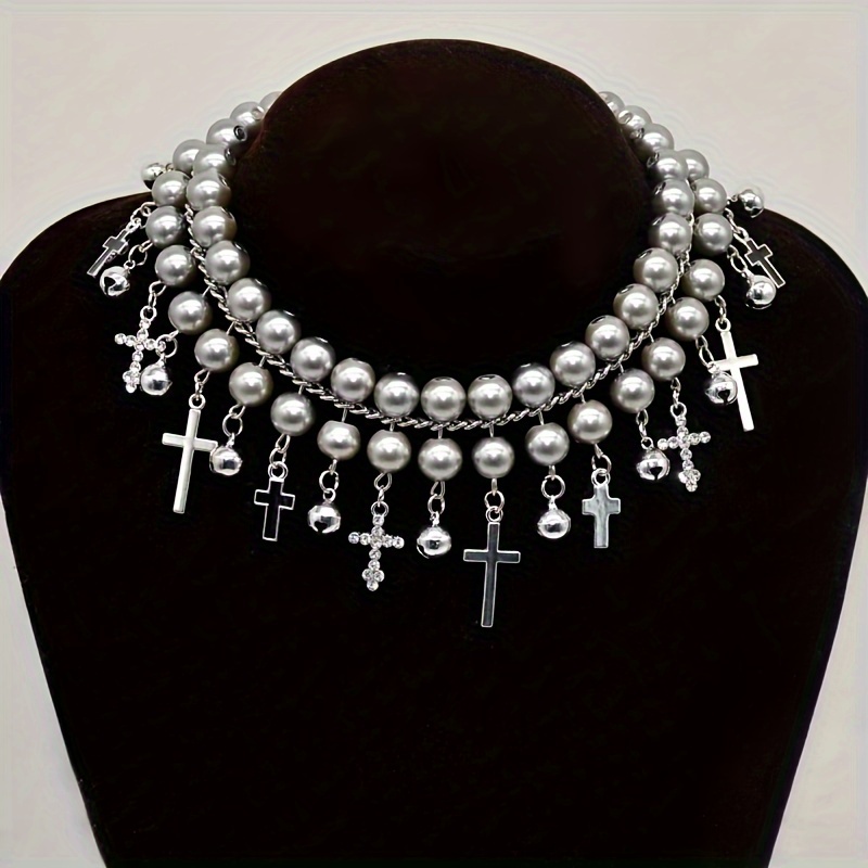 vintage double layer imitation pearl choker necklace with cross charms pendant for women fashion clavicle chain accessories suitable for compatible details 2
