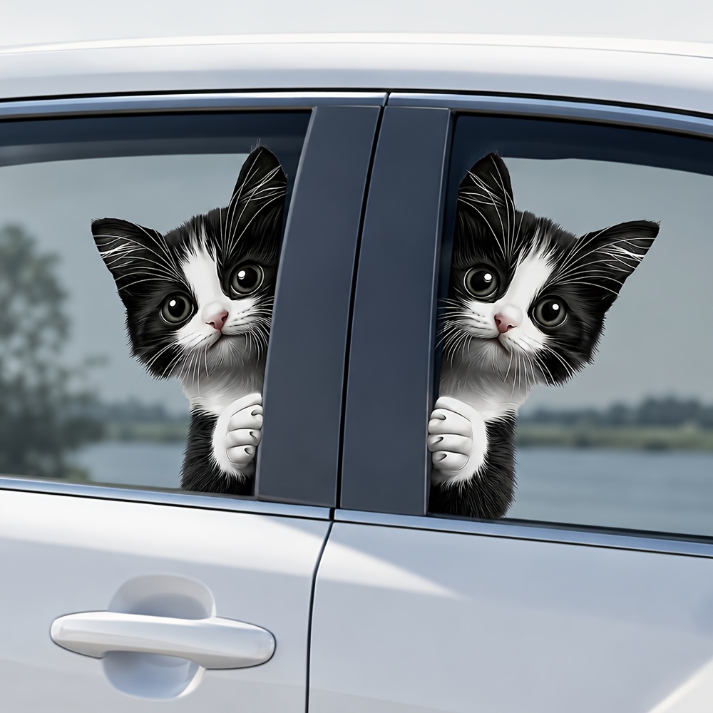TEMU Lot de 2 autocollants de fenêtre mignons de chat qui jette un coup d'œil, adorables chatons imprimés d'animaux de style dessin qui regardent à