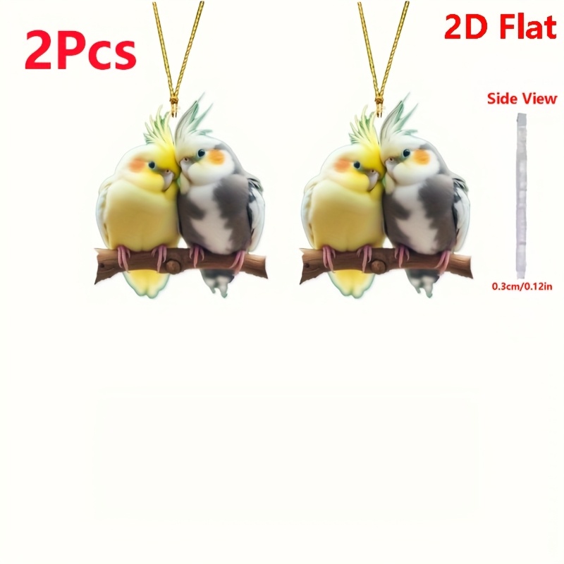 TEMU 2d Flat, 2pcs Adorable Parrot Couple Acrylic Hanging Ornaments, Romantic Animal Theme Pendant, For Car Rearview Mirror Decor & Bag Decor,