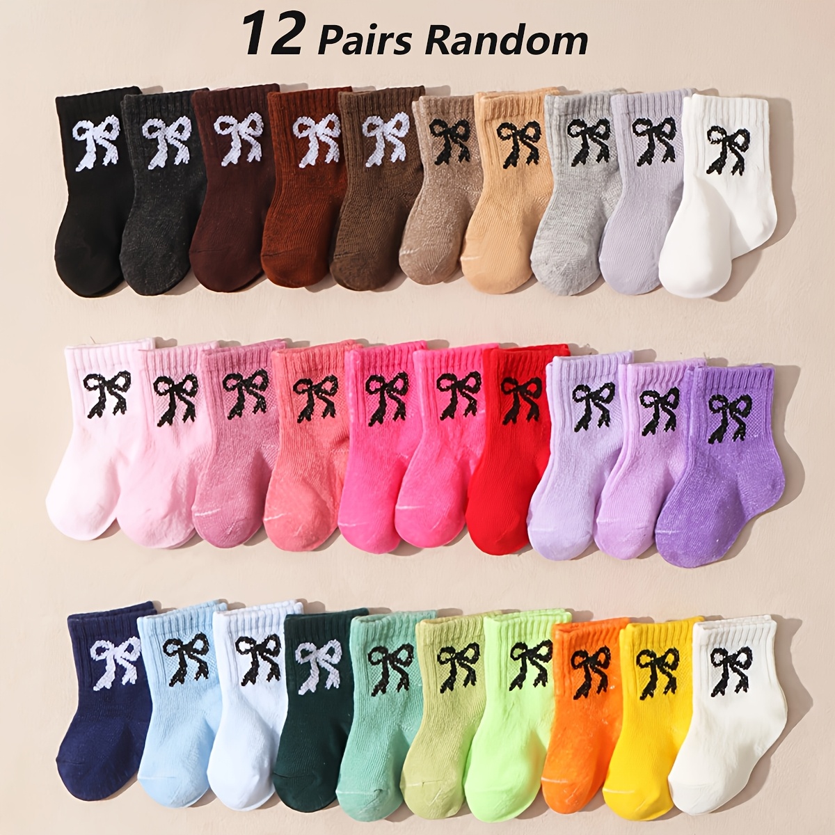 Image of 12 Pairs Of Children's Mid-calf Socks With Random Candy-colored Bow Patterns