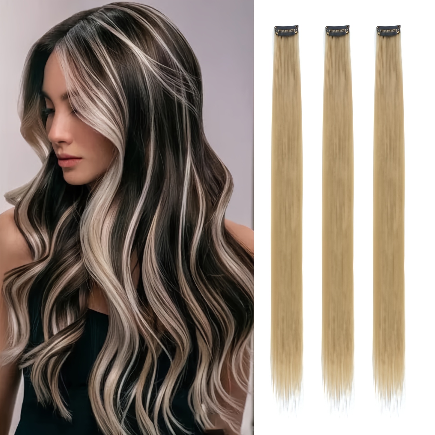 TEMU Lot de 3 Extensions de Cheveux à MOLLEAS pour Fêtes, Anniversaires et Déguisements - Extensions de Cheveux Synthétiques Lisses de 22 Pouces avec
