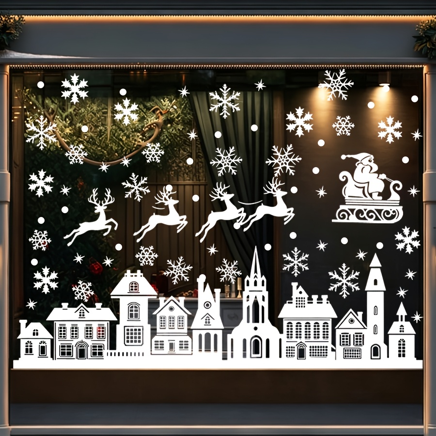 TEMU 1pc, White Silhouette Christmas Window Sticker, Santa Claus Sleigh Reindeer House Snowflake Static Cling Window Decal, Double-sided , Glue-free