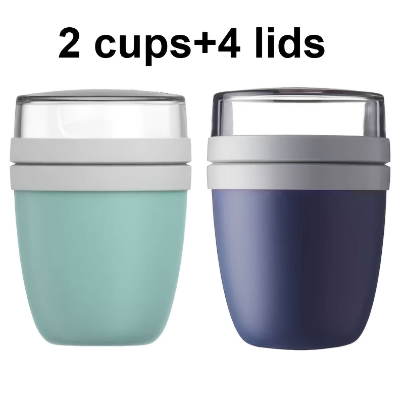 Image of 2pcs Yogurt Lunch Cups | Travel Breakfast Cups With Closure, Round Plastic Containers For Nuts Or Fruits, Reusable And Portable For Outdoor Use (500ml+200ml/17oz+6.7oz)