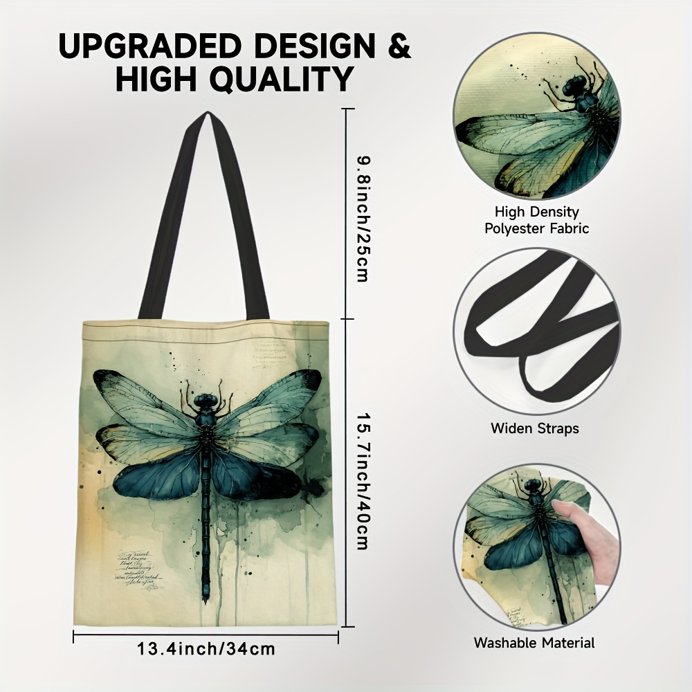 TEMU 1pc, Tote Bag Featuring An Artistic Dragonfly Design With A Water , Printed On Sides, Suitable For Machine Washing. This Versatile Shoulder Bag