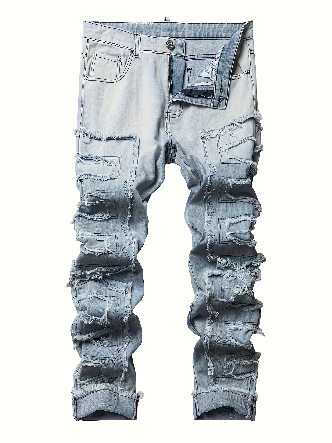 Kpop Loose Fit Heart & Lightning Embroidery Jeans, Men's Casual Street  Style Vintage Wide Leg Denim Pants