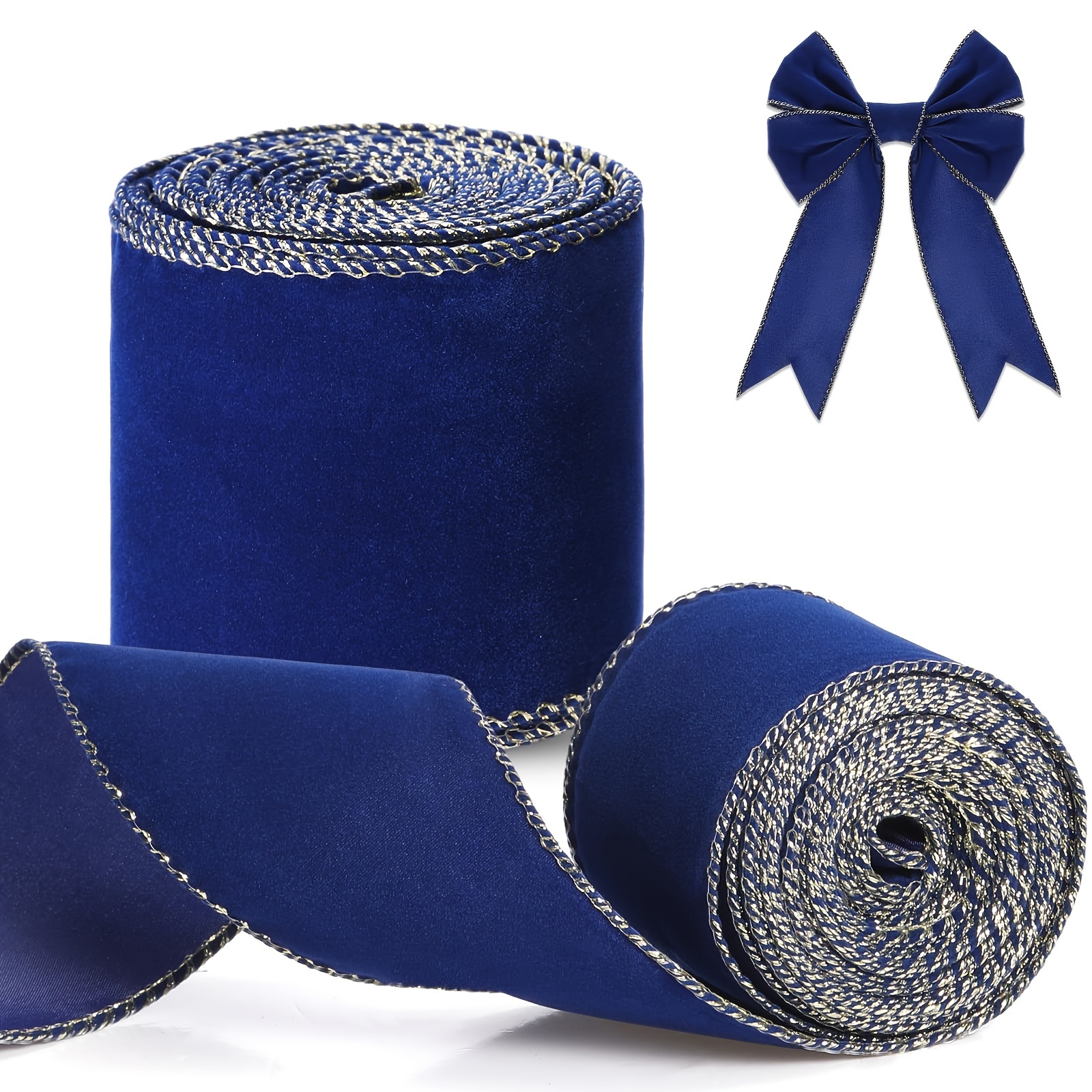 

2pcs Blue Flocked Ribbon With Wired , 2.5" Wide - & For Christmas Decorations, Tree Wrapping, Gift Packaging, Floral Arrangements & Bows