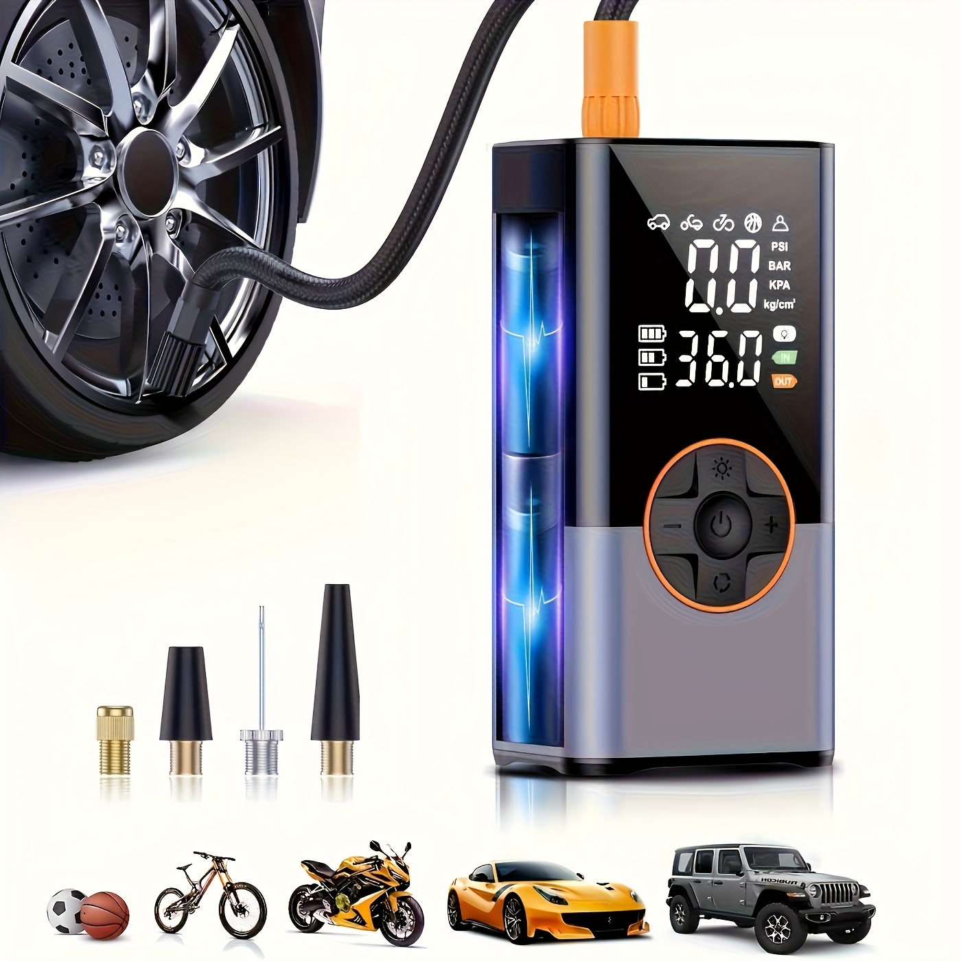 TEMU Portable Car Tire Inflator: With Instrument Panel And Light, Suitable For Inflating Cars, Motorcycles, And Bicycles, Suitable For Outdoor