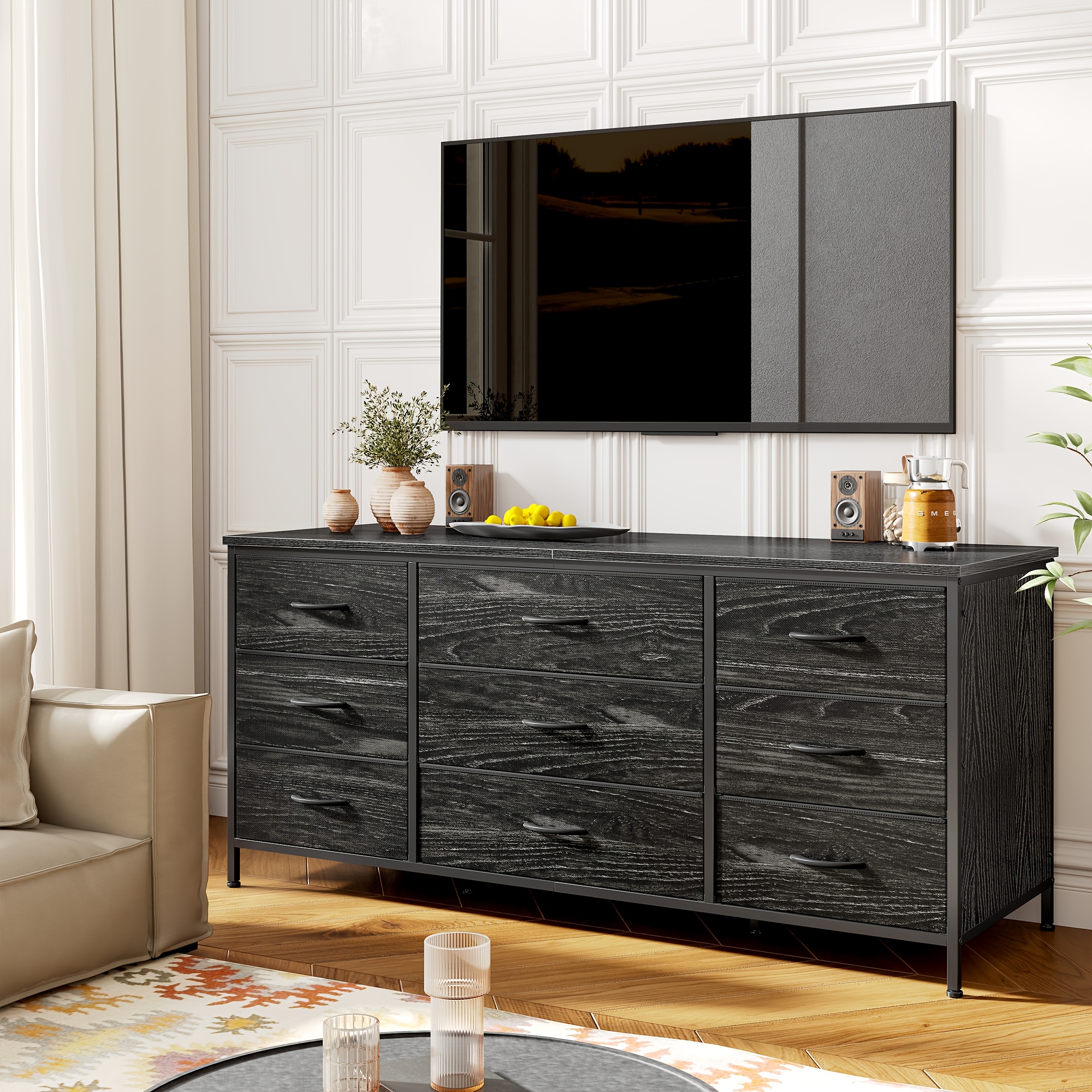 Dresser Tv Stand With 9 Lockers For 60'' Tv Stand For Bedroom Long Dresser For Bedroom Wide Dressers & Chests Of Lockers, Sturdy Metal Frame & Wood Top, Dresser For Bedroom, Closet, Hallway