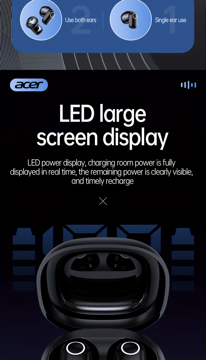 ACER TWS Wireless Earbuds with Deep Noise Reduction - 50h Long Standby, Low Latency, HIFI Stereo Sound, Touch Control, Rechargeable Lithium Battery, Ideal for Running & Sports, Sports Headphones|Ergonomic Design|Durable Plastic