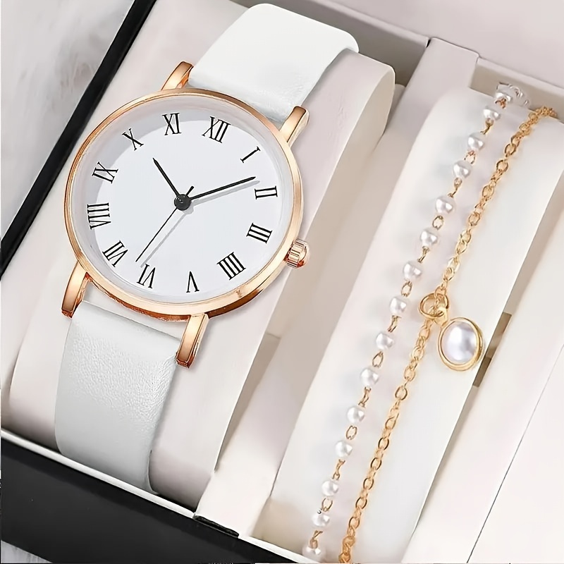 

2pcs/set Casual Round Women's Quartz Watch Set, Classic Roman Numeral Dial Display, Durable Strap And Alloy Case, Paired With Elegant Bracelet, Perfect Gift For Her, With Gift Box Packaging