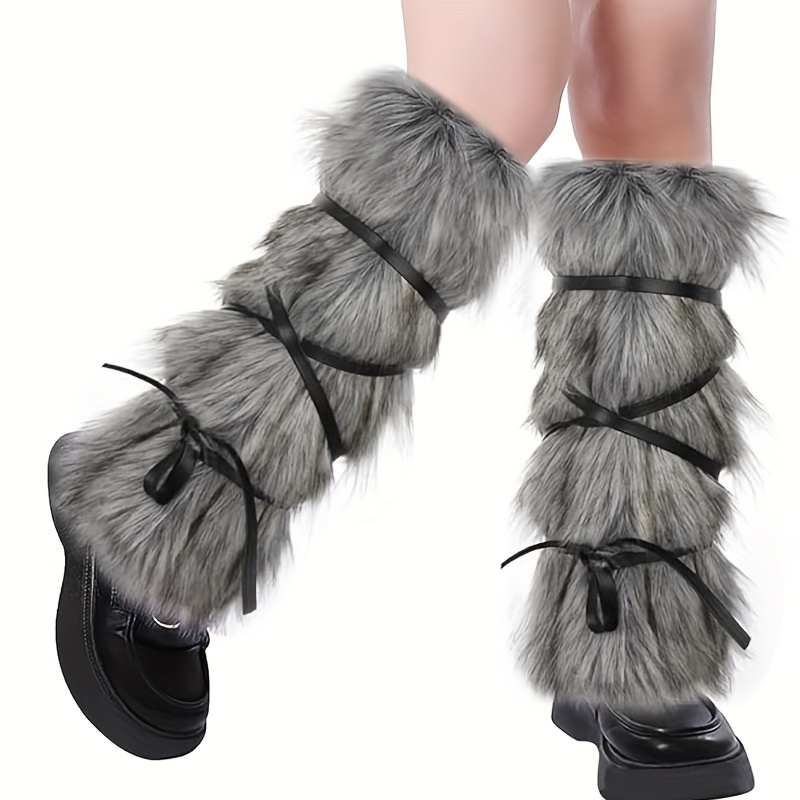 Lot De 2 Guêtres Médiévales En Fausse Fourrure – Grise, Doublure Chaude, Taille Unique, LACET Réglable, Pour Costume Viking, Cosplay, Hiver