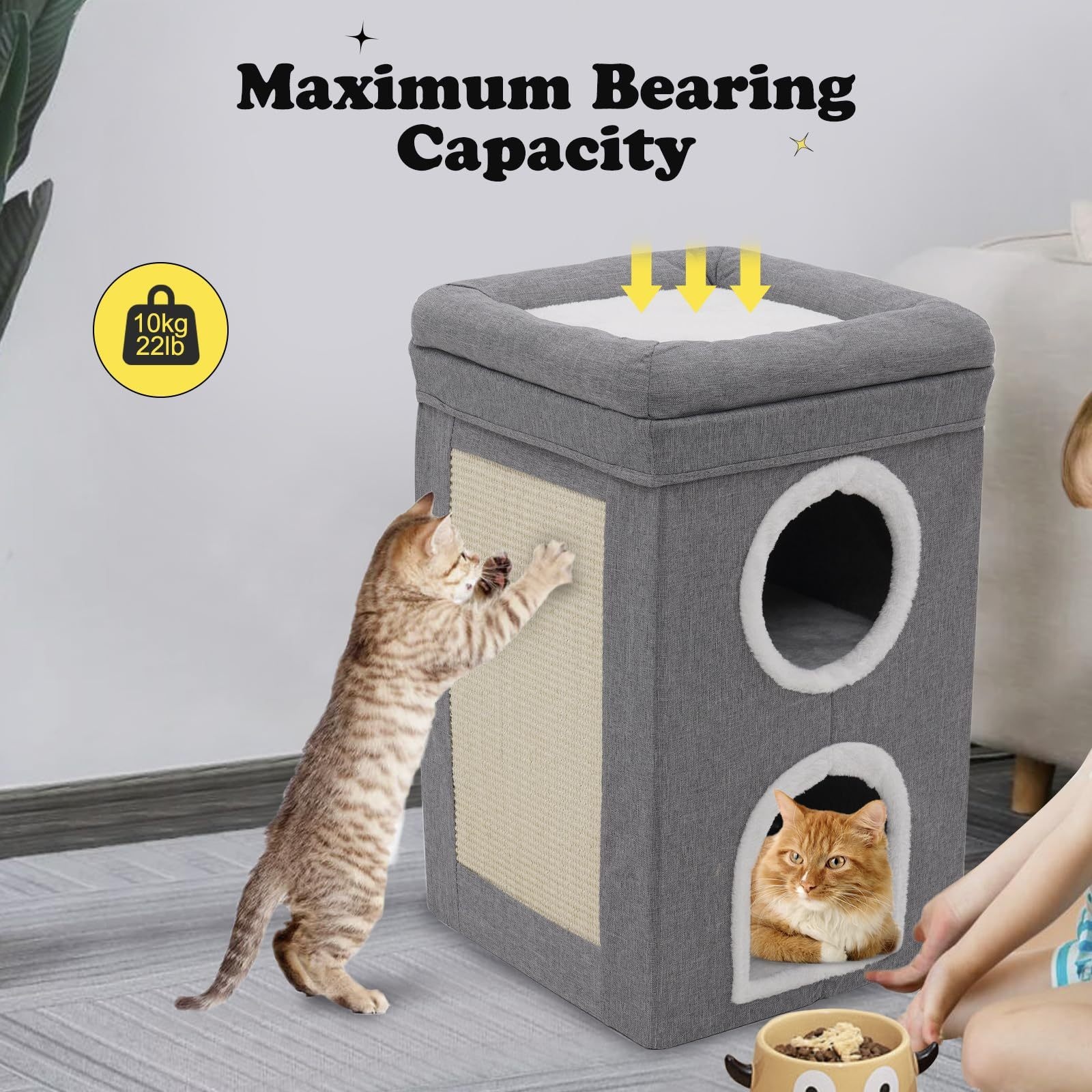 Căsuță Modernă pentru Pisici cu 2 Etaje, Placă de Ascuțit Unghii, Peșteră Secretă și Tunel - Mobilier Cat Foldabil Cu Perne Moale, Asamblare Ușoară și Rezistentă – Condominium Multi-Nivel Pentru Cățărare, Joacă Și Somn În Interiorul Casei Design Compact Potrivit Atât Puilor De Pisică Dator, Ascunzătoare pentru pisici,Mobilier pentru pisici din fetru