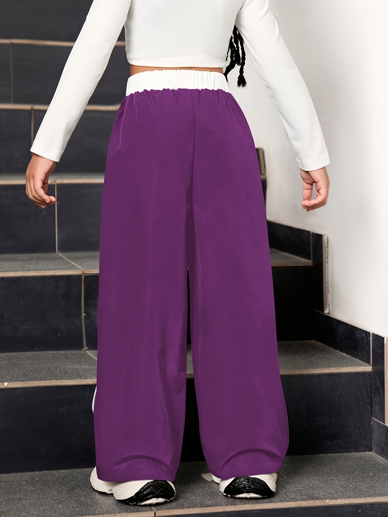 Girls' Color-Block Webbing Windproof Cargo Wide-Leg Pants