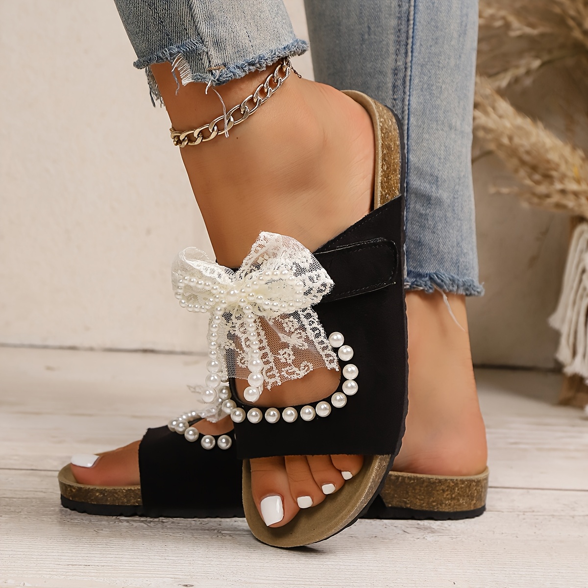 Image of Fashionable Sweet Bow Slippers, 2025 Summer New Style, Outdoor Party Wedding Bar Soft-soled , Versatile Sandals, Women Shoes