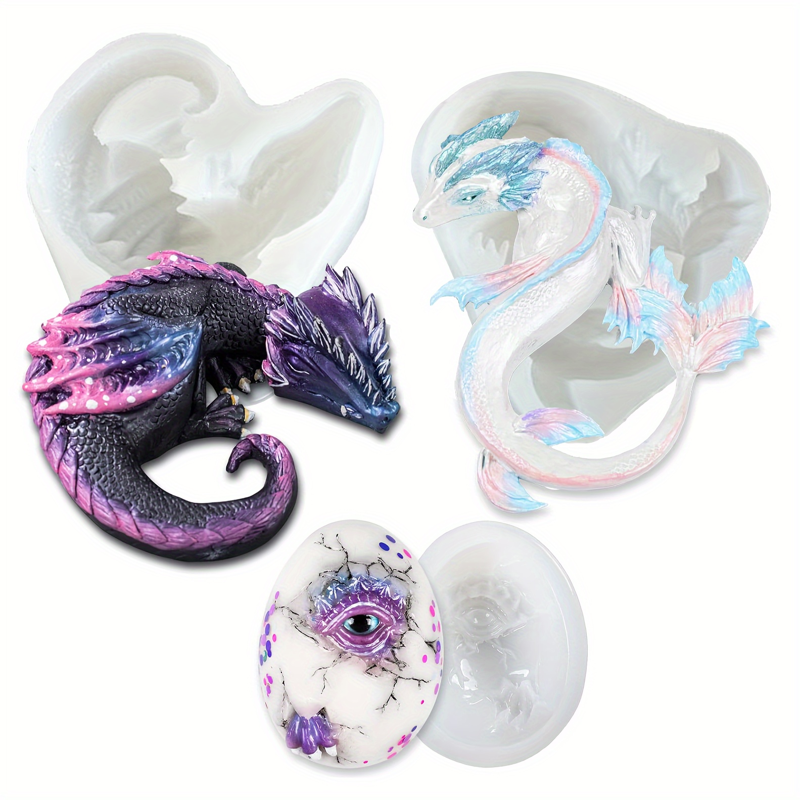 

3-piece Dragon Epoxy Resin Silicone Molds Set, Fantasy Creature Casting Kit, Diy Dragon Egg & Figurine Art, Crafting Supplies For Home Decor & Jewelry Making