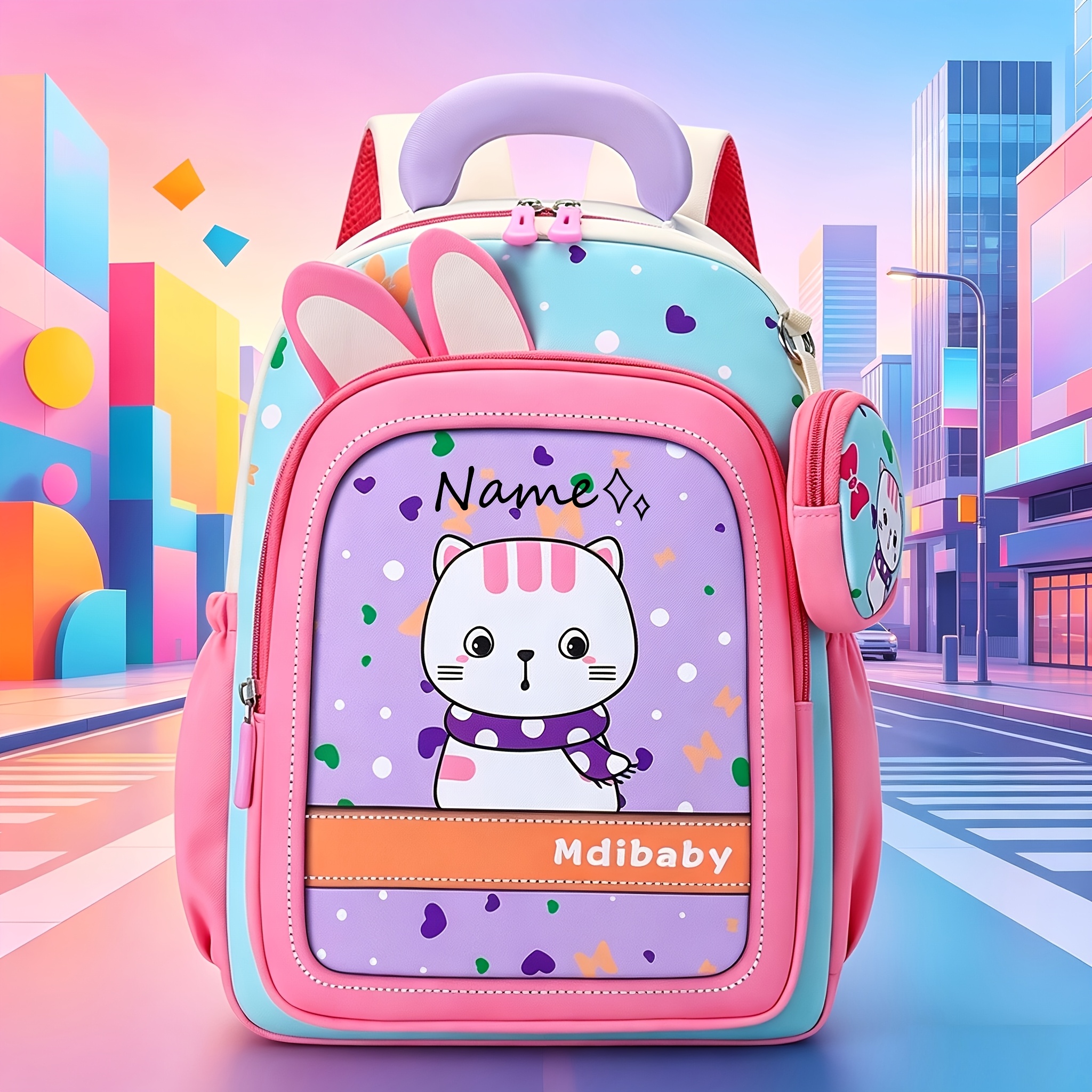 TEMU Fashionable Cute Kitten And Pony Themed Men's Backpack/student Backpack, Customizable Name And Text Personalized Backpack, Lightweight And