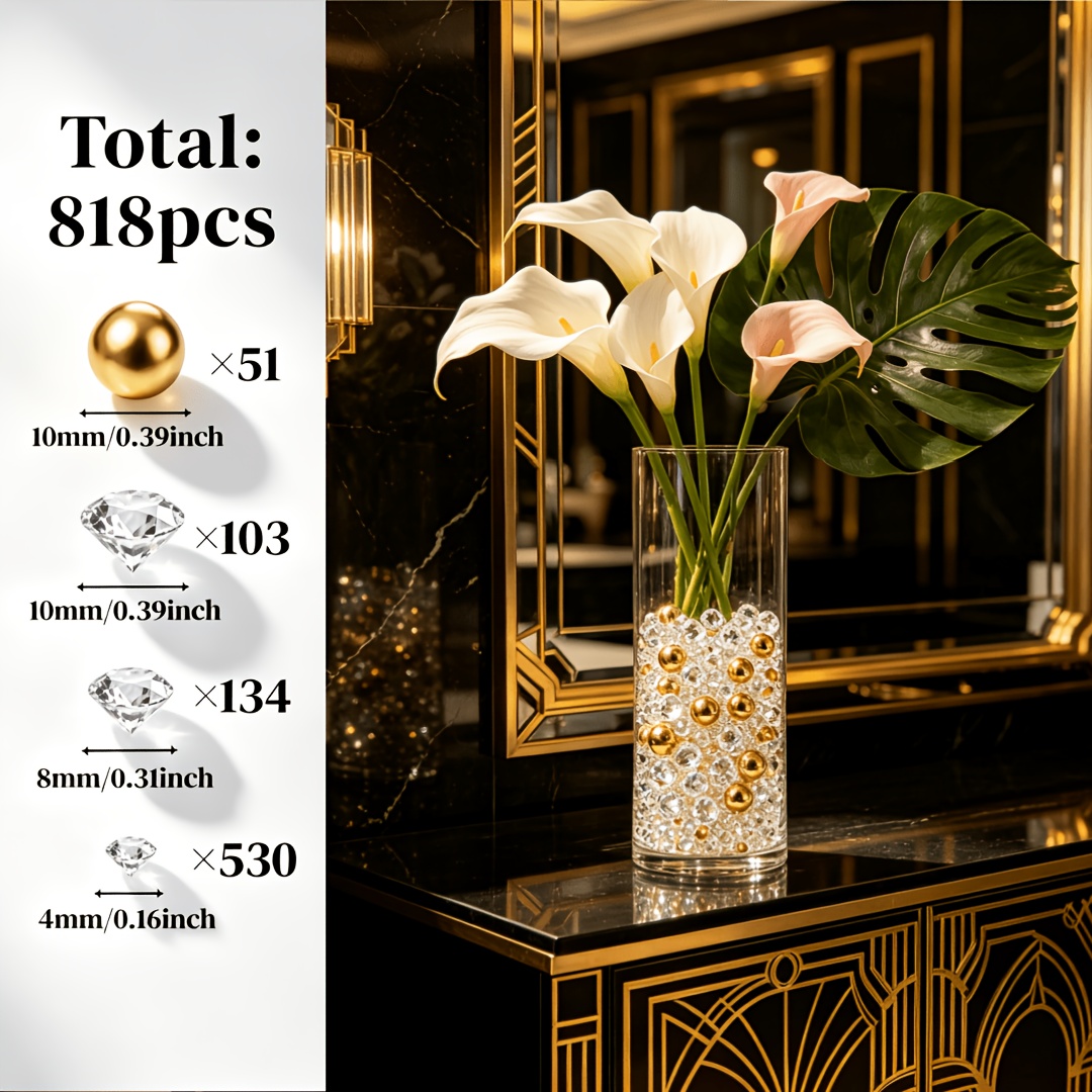 TEMU 818pcs High-quality Vase Filling Set, Including Golden Artificial Pearls And Transparent Acrylic Diamonds, Mixed Sizes, Suitable For Luxurious