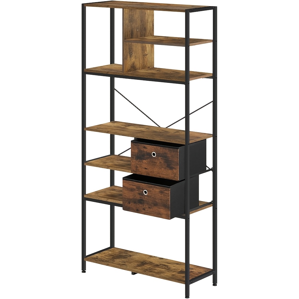 Tall Standing Bookshelf With Drawers - Heavy-duty Wood & Metal Frame Storage Shelf Suitable For Living Room, Study, Office - Black & , Assembly, Space- Vertical, 84x180x30cm