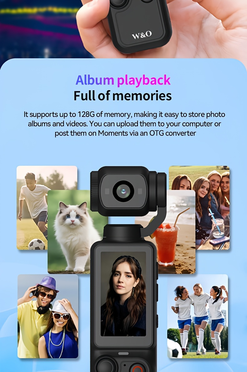w&o 4k camera con da 1.9 e rotazione a ° - registrazione video 4k, scheda da 32gb, ricarica usb-c, stabilizzazione digitale, auto focus, compatibile per ciclismo, , vlogging - camcorder portatile per s, youtuber Dettagli dell'articolo 8