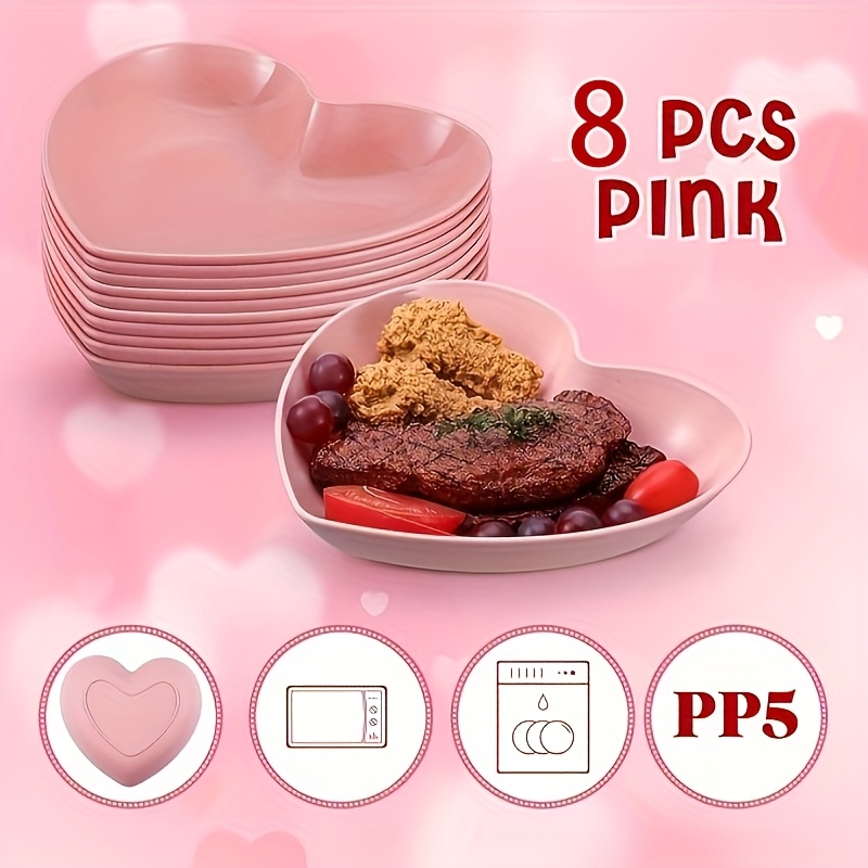 Image of 8pcs, Pink Heart-shaped Plate, Perfect For Valentine's Day Celebrations. Plastic Plates Used For Dessert Appetizers, Salads, And Fruits, Making Them Supplies