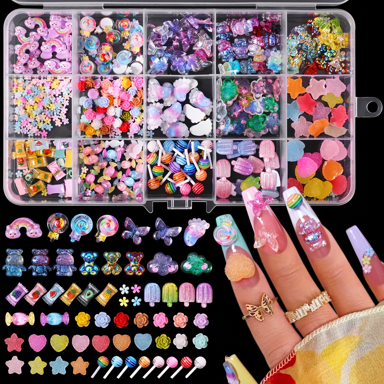 

Breloques mignonnes pour ongles en forme de dessin animé, 3D assortiment d'ours, de cœur, d'étoile et d'arc-en-ciel, accessoires pour nail art.