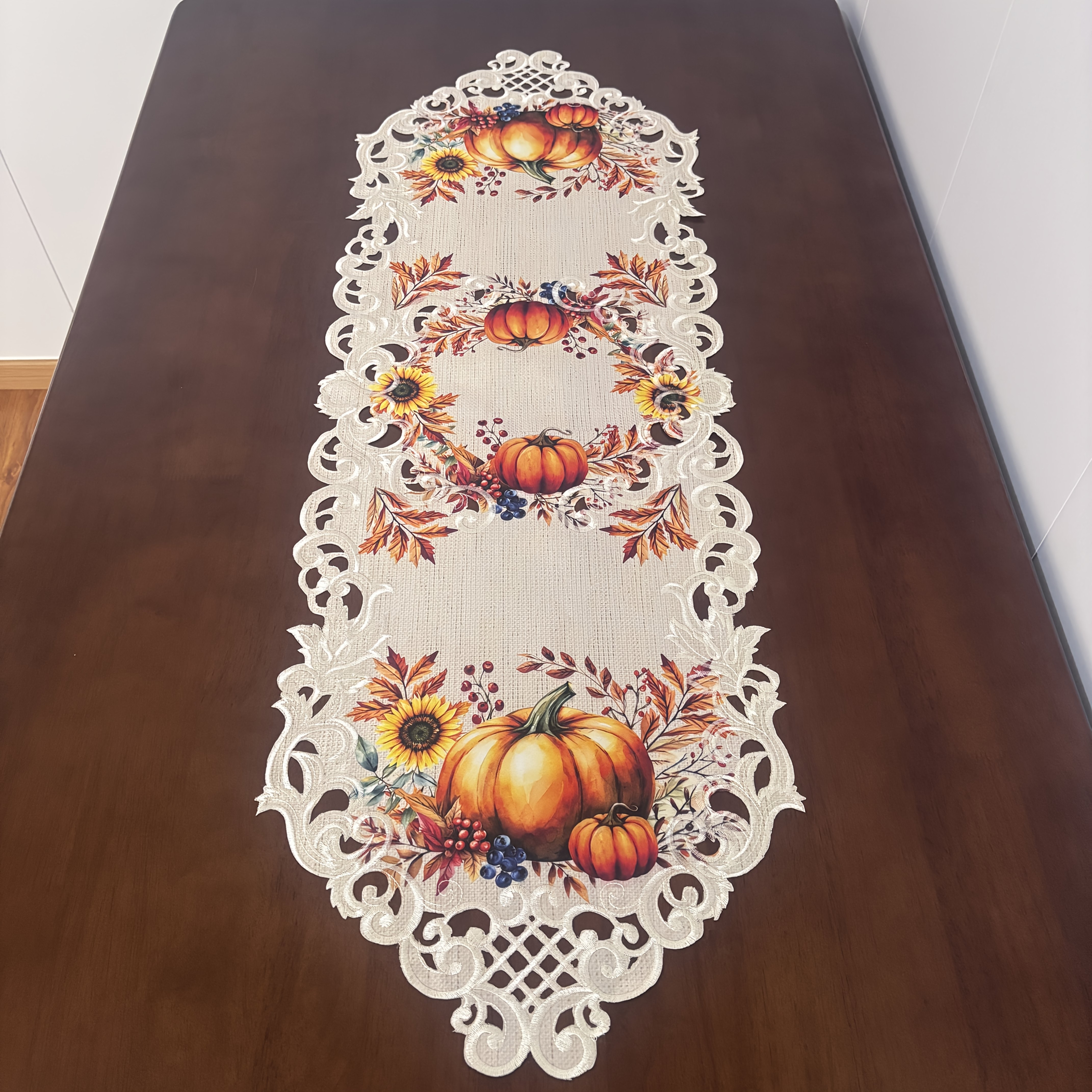 TEMU Thanksgiving Table Decorations Featuring A Table Runner With Hollow Embroidery And Printed Pumpkins And Sunflowers. Autumn Decor For Family