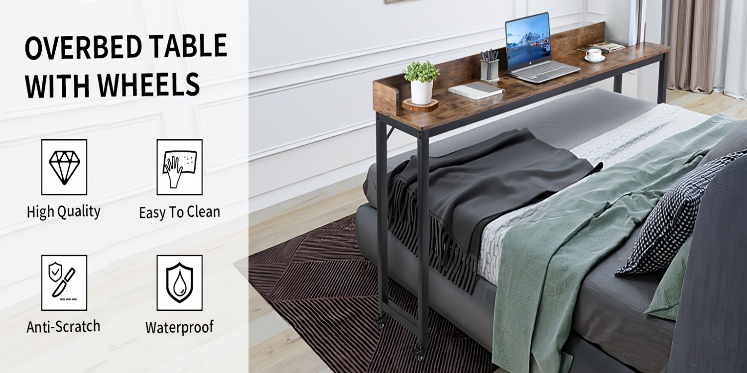 Mobile Bed Desk with 360° Wheels, Queen Size, Standing Workstation for Laptops, Overbed Table with Sturdy Metal Legs, Dining Table And Computer Desk