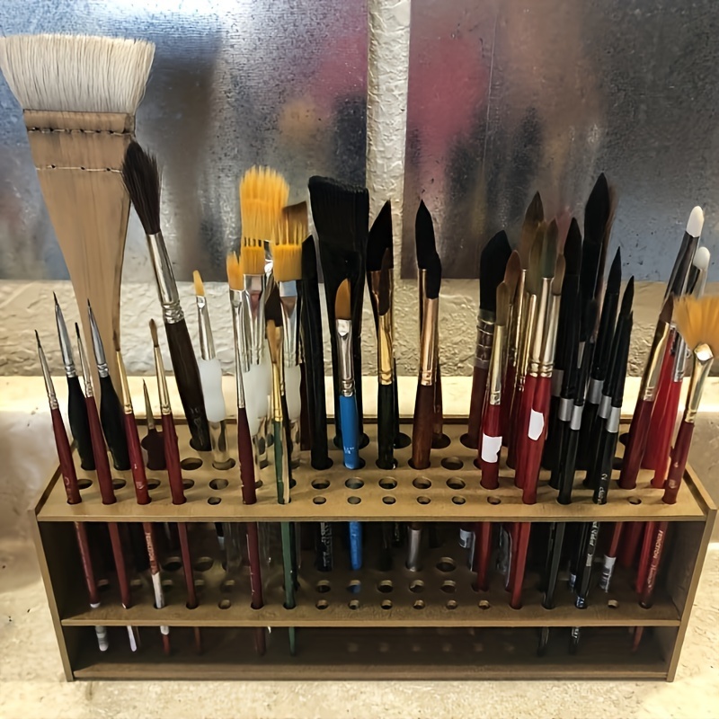 

Premium Wooden Paintbrush Holder Stand - 1pc Large Capacity 67-slot Desk Organizer For Artists, Durable, Elegant Art & Craft Brush Storage For Drawing, Painting Supplies