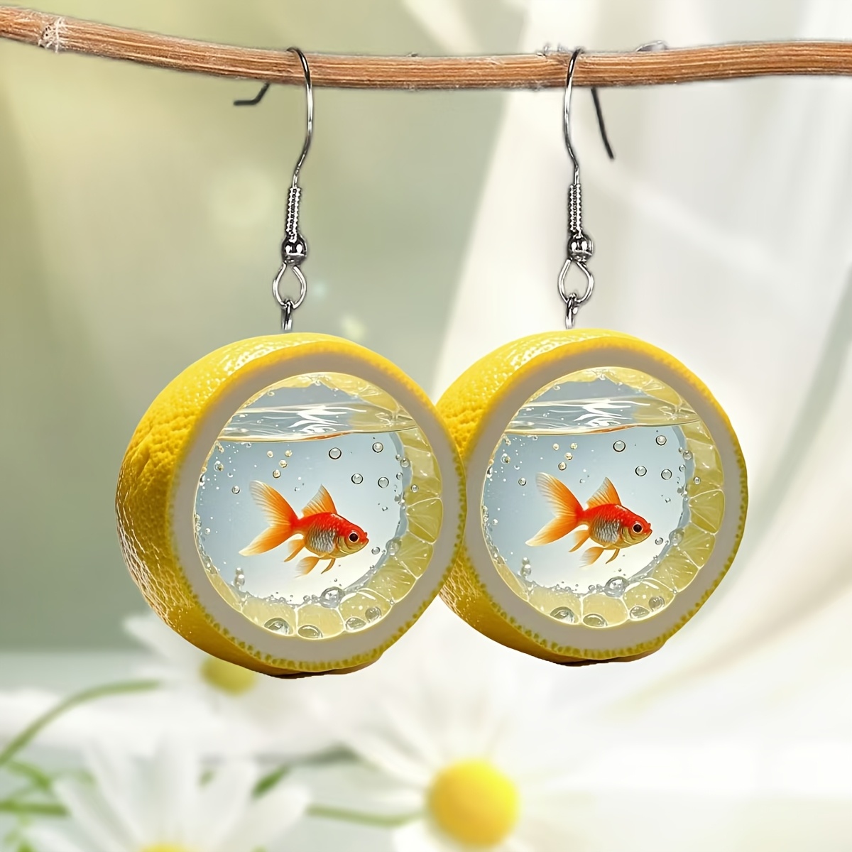 

1 Pair Of Acrylic Cute Cartoon 2d Flat Round Lemon-shaped Carp Printed Design Flat Women's Earrings - Very Suitable For Christmas Party Or As A Gift To Female Friends