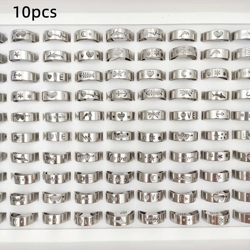 E-shop 10 Stk./Los Edelstahl Stern Mond Herz Schmetterling Hohle Ringe für Damen und Herren Großhandel Mix Style Silberner Charme Schmuck