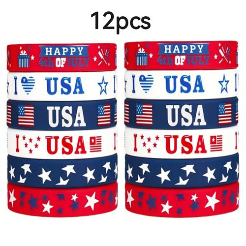 12 24pcs american silicone bracelets elastic and durable with usa flag patterns party decorations and gifts