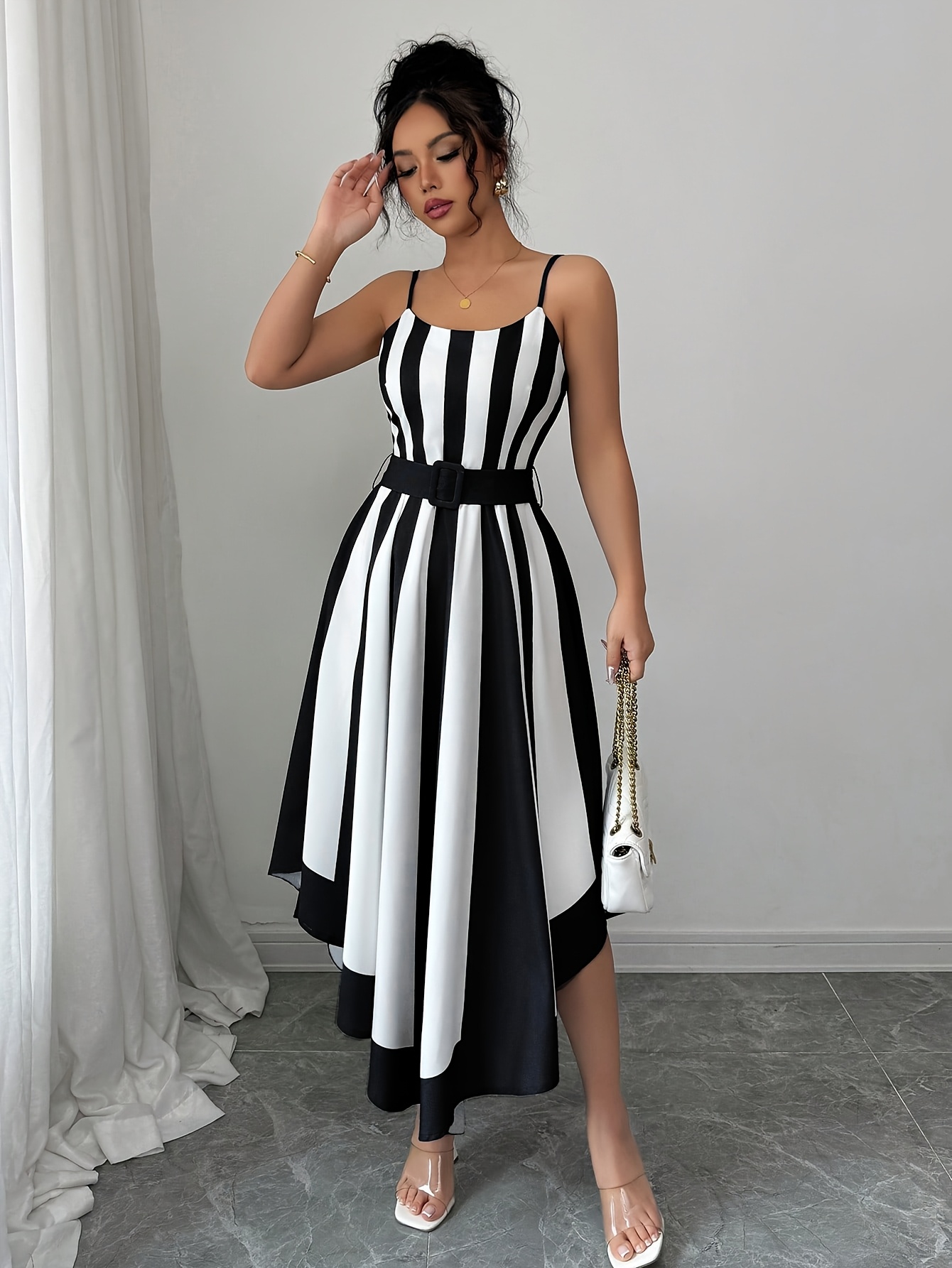 black and white striped formal dress Black & White Striped Long Prom Dress Black/White / 14