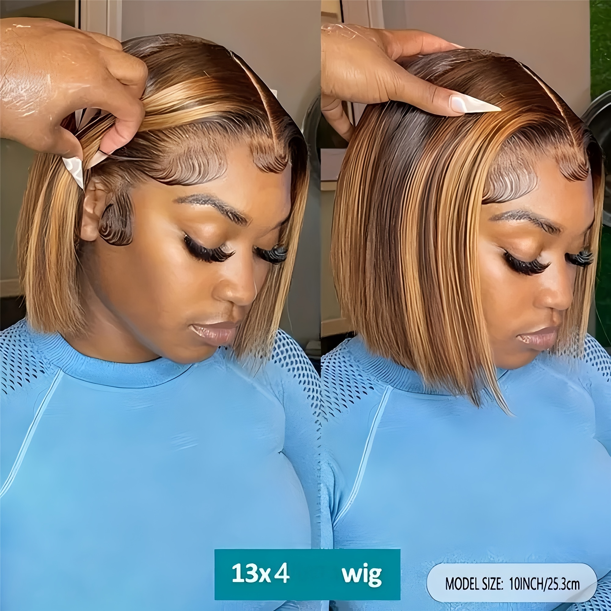 TEMU TIMOPOL Perruque Tissée à en Cheveux Humains avec Dentelle Avantale de 13x4 - de 180%, Colle, Courte et Droite avec Bébé Cheveux Pré-Epilés,