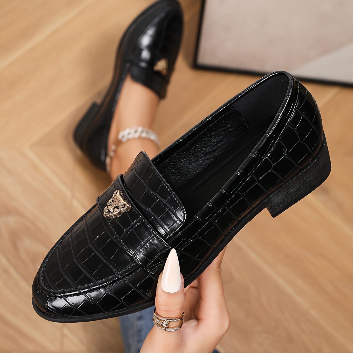 Stylish Black Leather Slip-On Loafers with Metallic Accents Men main image 4
