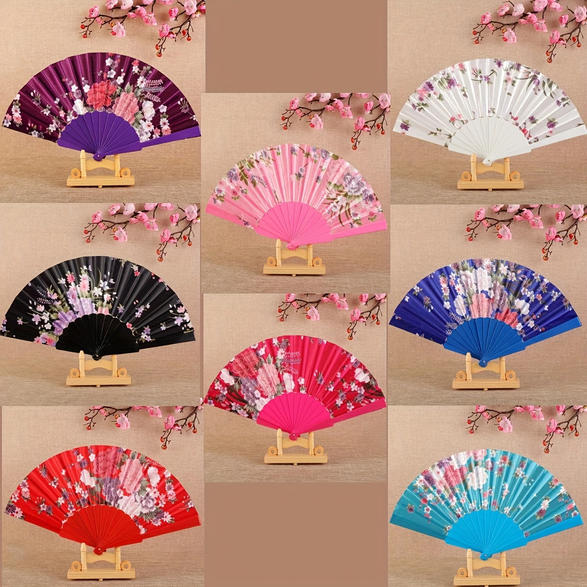 

8pcs Vintage Floral Silk Folding Fans - Handheld, Sunshade Fabric For Dance Performances & Photo Props, Perfect Summer Cooling Gift