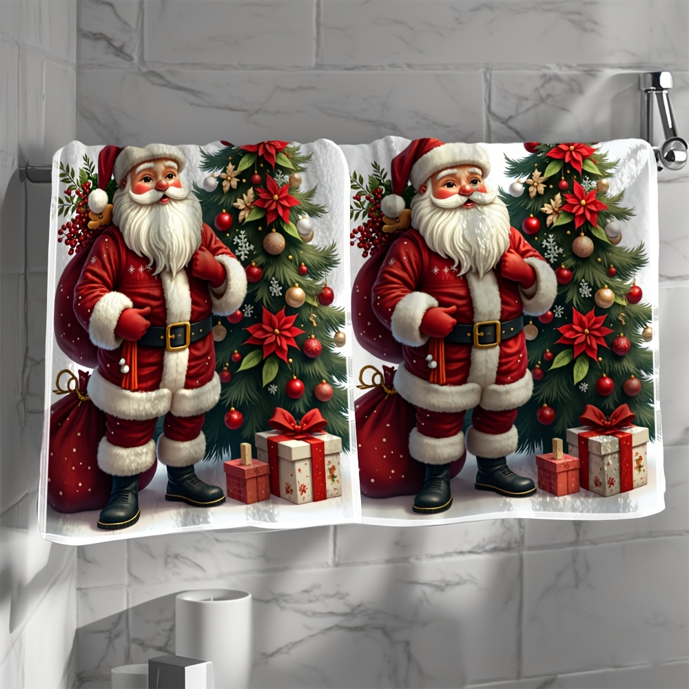 TEMU Christmas Santa Claus & Tree Hand Towel - Modern Suitable For,, Holiday Decor - Soft Rectangular Towels Suitable For Gifts, Parties, For Use -