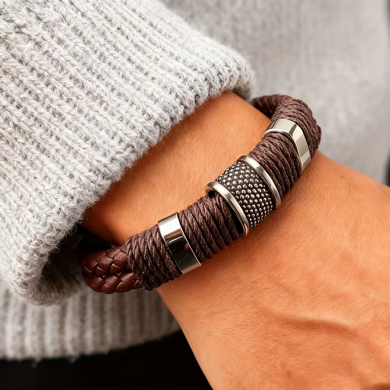 TEMU Men's Bracelet Stack | Layered Faux Leather,, And Stone Accents