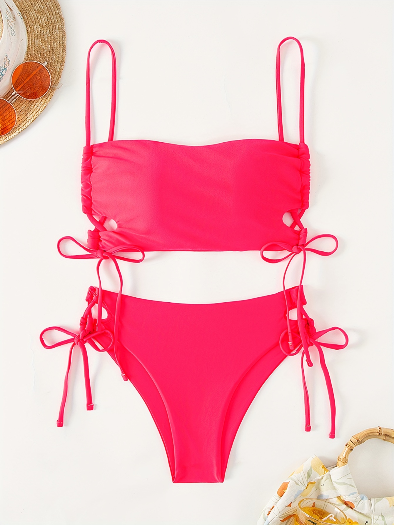 Selowin Women Cut Out 2 Piece Swimwear Set Halter Bikini Top High Cut Suspender  Swimsuit Red M - ShopStyle