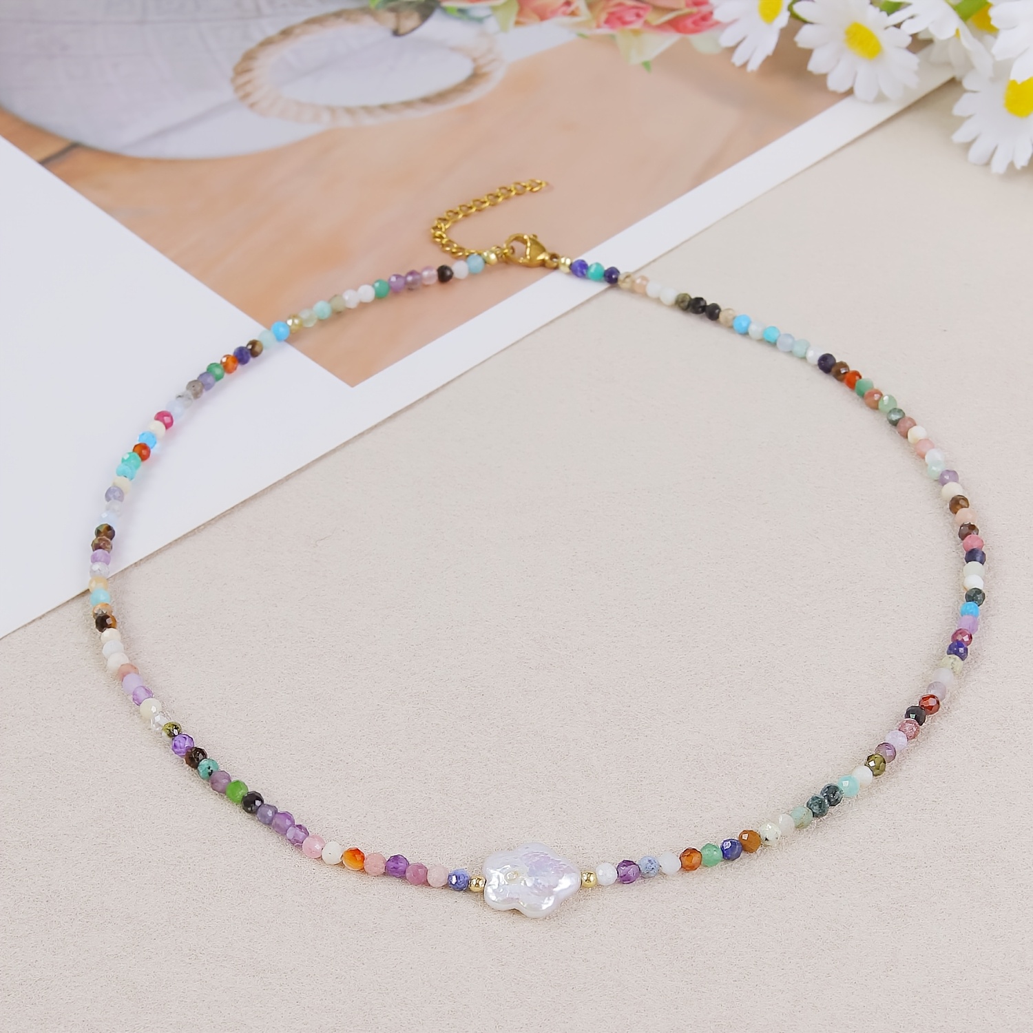 Women's Natural Stone Beaded Choker Necklace with Freshwater Pearl Charms