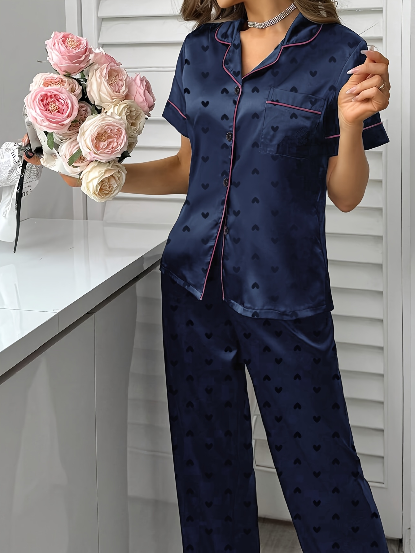 2026 Women'S Navy Blue Satin Pajama Set with Heart Pattern - Short Sleeve, Button-Up, Wide-Leg Lounge Wear, All-Season Comfort, Casual Sleepwear|Elegant Sleepwear|Polyester Fabric Game Day Pajamas, Football Fan Gear, Perfect for All Fans on Match Day