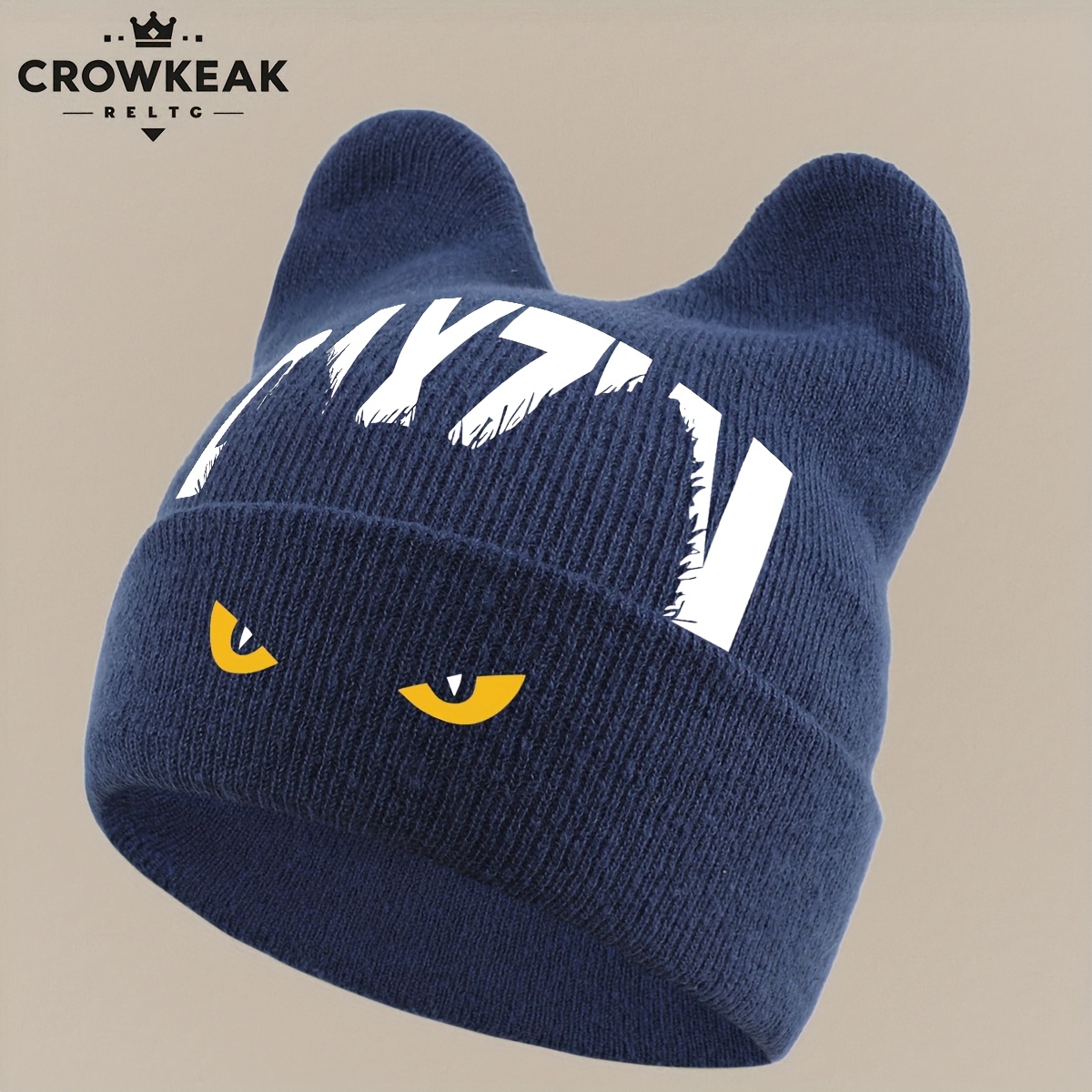 TEMU 1pc Fashionable Printed Warm Cat Ear Hat, Unisex Autumn/winter Brimless Beanie, Ear-protecting Plush Hat, Winter Outdoor Brimless Hat For Women,