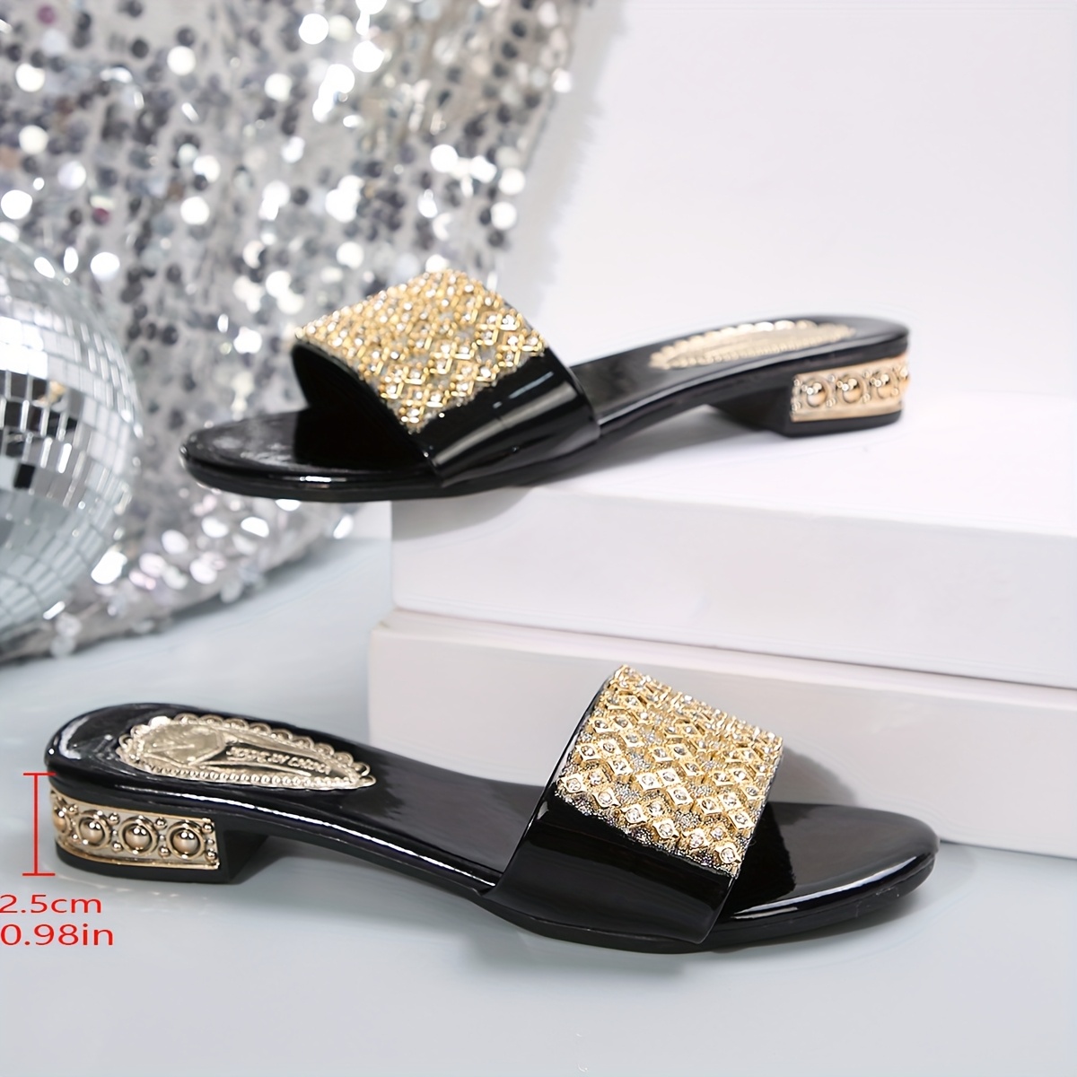 Women's Retro Slip-On Sandals - Black with Golden Rhinestone Accents, Round Toe & Adjustable Straps, Low Heel Comfort for All-Season Casual Wear, Strappy Sandals